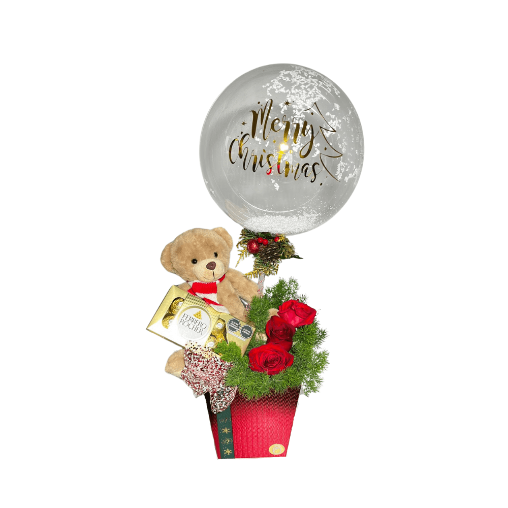 Arreglo navideño de 3 rosas peluche chocolate y globo - ️ Hallys.pe