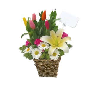 Arreglo de 5 tulipanes y 1 lilium detalle ideal para oficina, cumpleaños