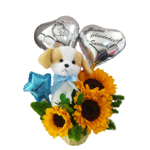 Arreglo de 3 girasoles y peluche- Felicidades para mamá
